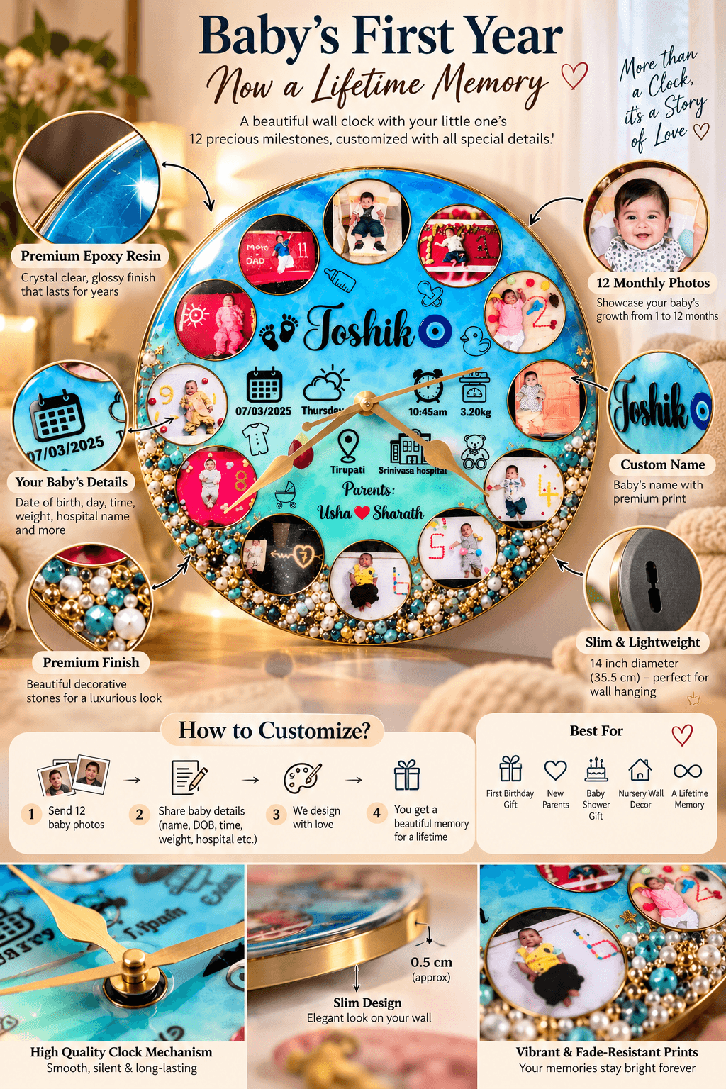 Personalized Baby Milestone Resin Wall Clock with Photos, Name & Birth Details | Jyovin