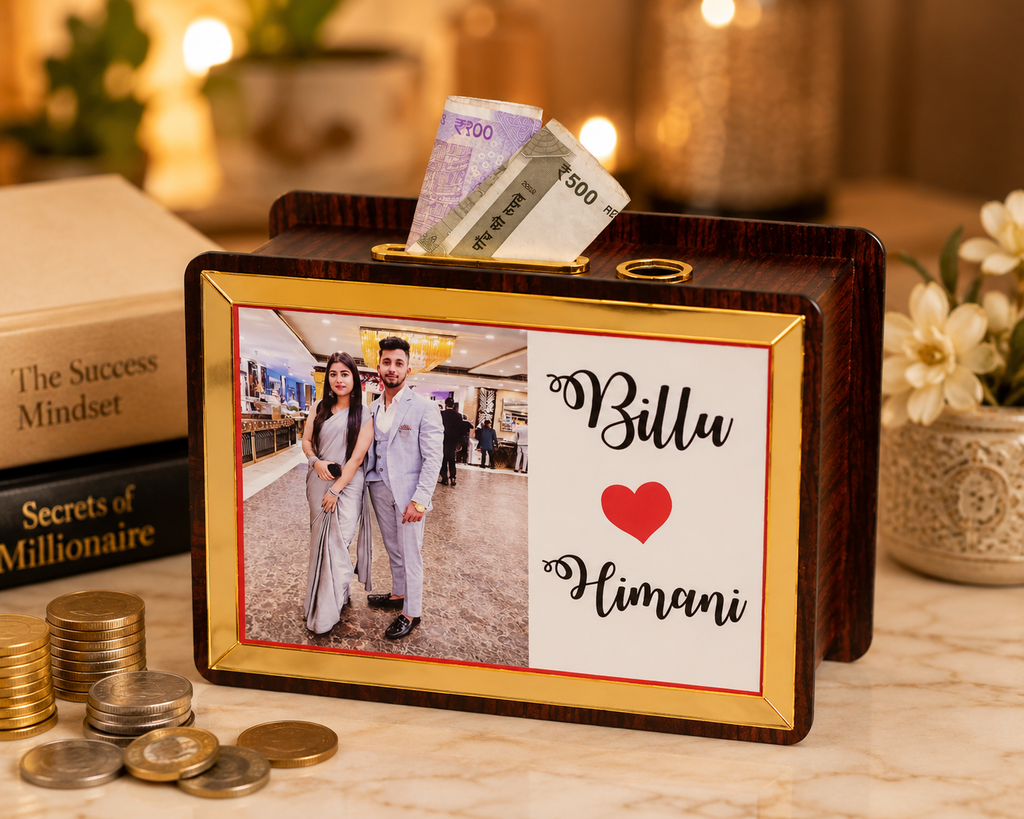 Personalized Wooden Savings Money Bank with Photo & Name | Goal Tracker Piggy Bank | Kids & Couples Gift