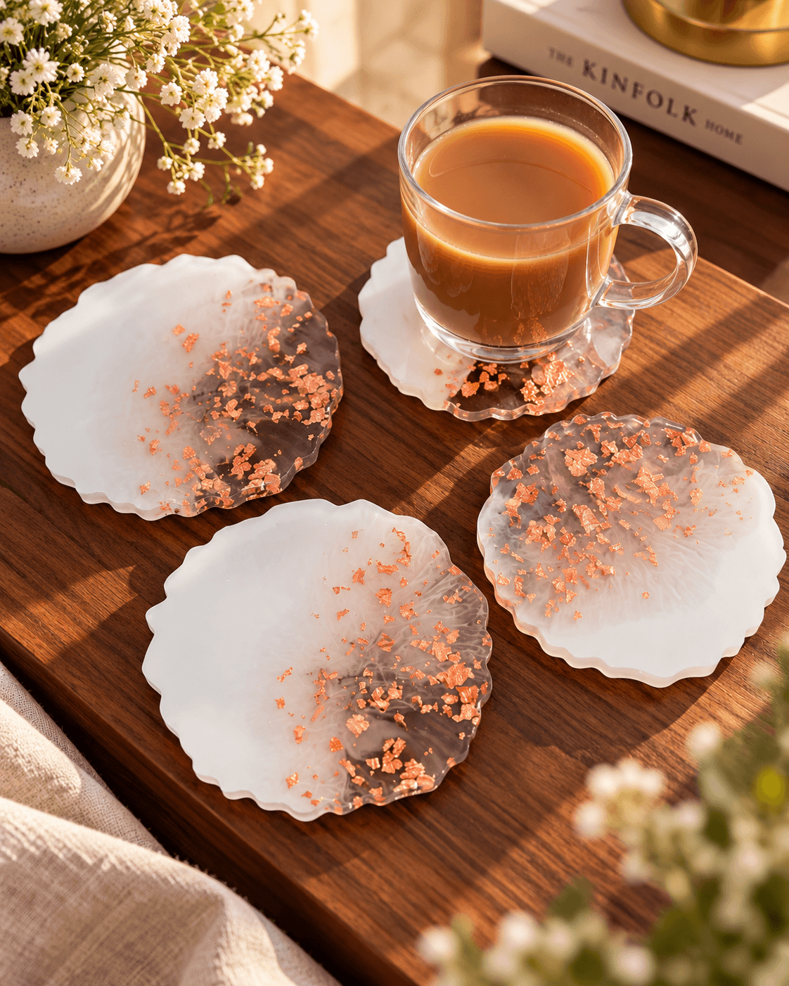 Handcrafted Resin Coaster Set of 4 with Gold Foil | Premium Table Decor