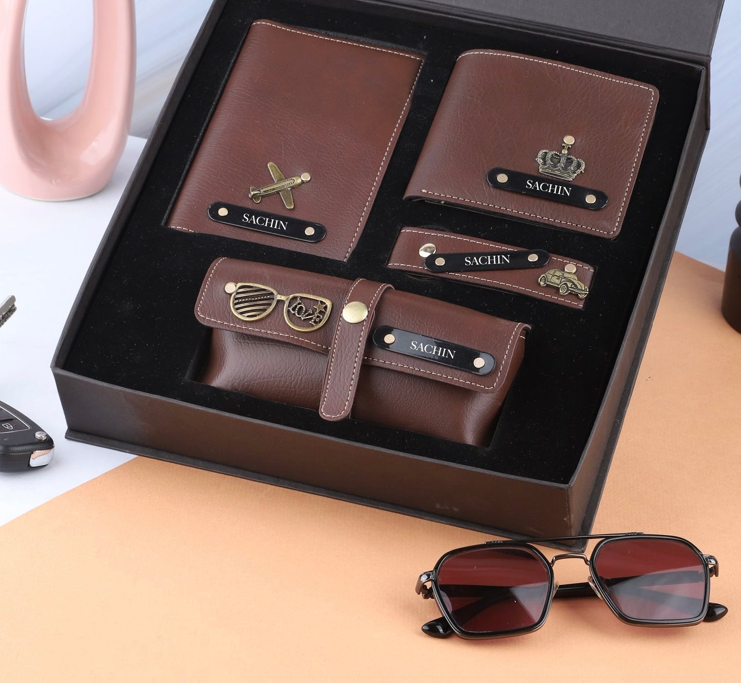 Personalized Leather Gift Combo for Men – Wallet, Eyewear, Passport & Keychain