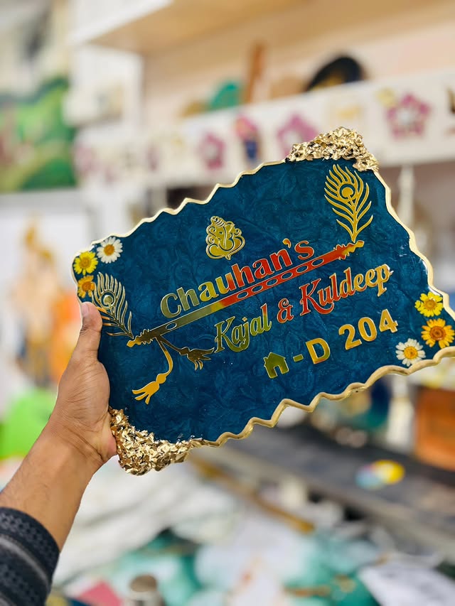 Premium Customized Krishna Resin Name Plate for Home Entrance | Golden 3D Personalized House Name Board