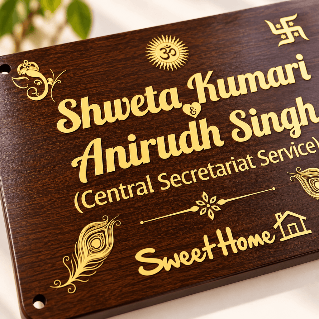 Personalized Wooden Name Plate with Golden Lettering | Custom Home Nameplate