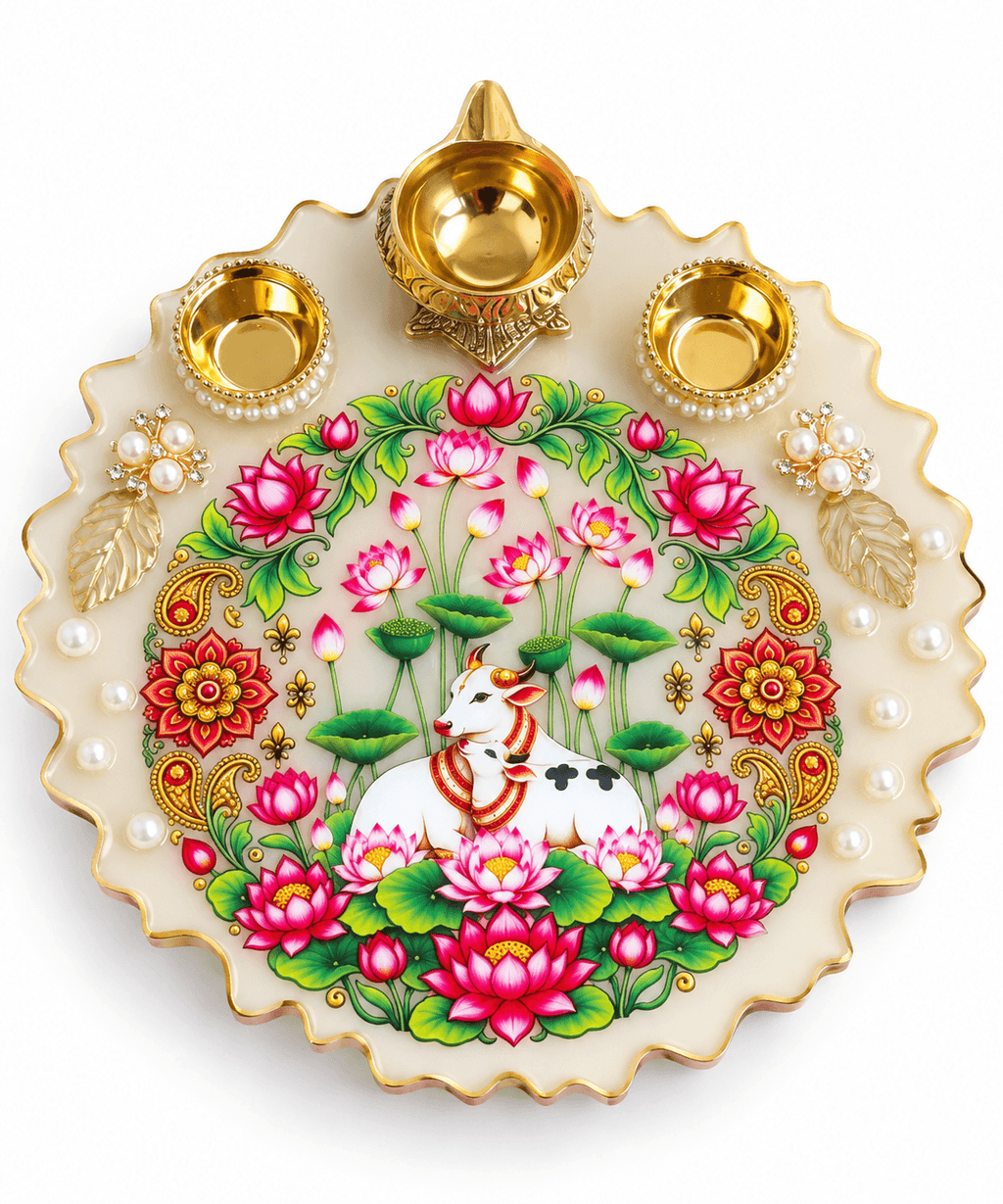 8 Inch Resin Pooja Thali with Lotus Design & Gold Diya Holders
