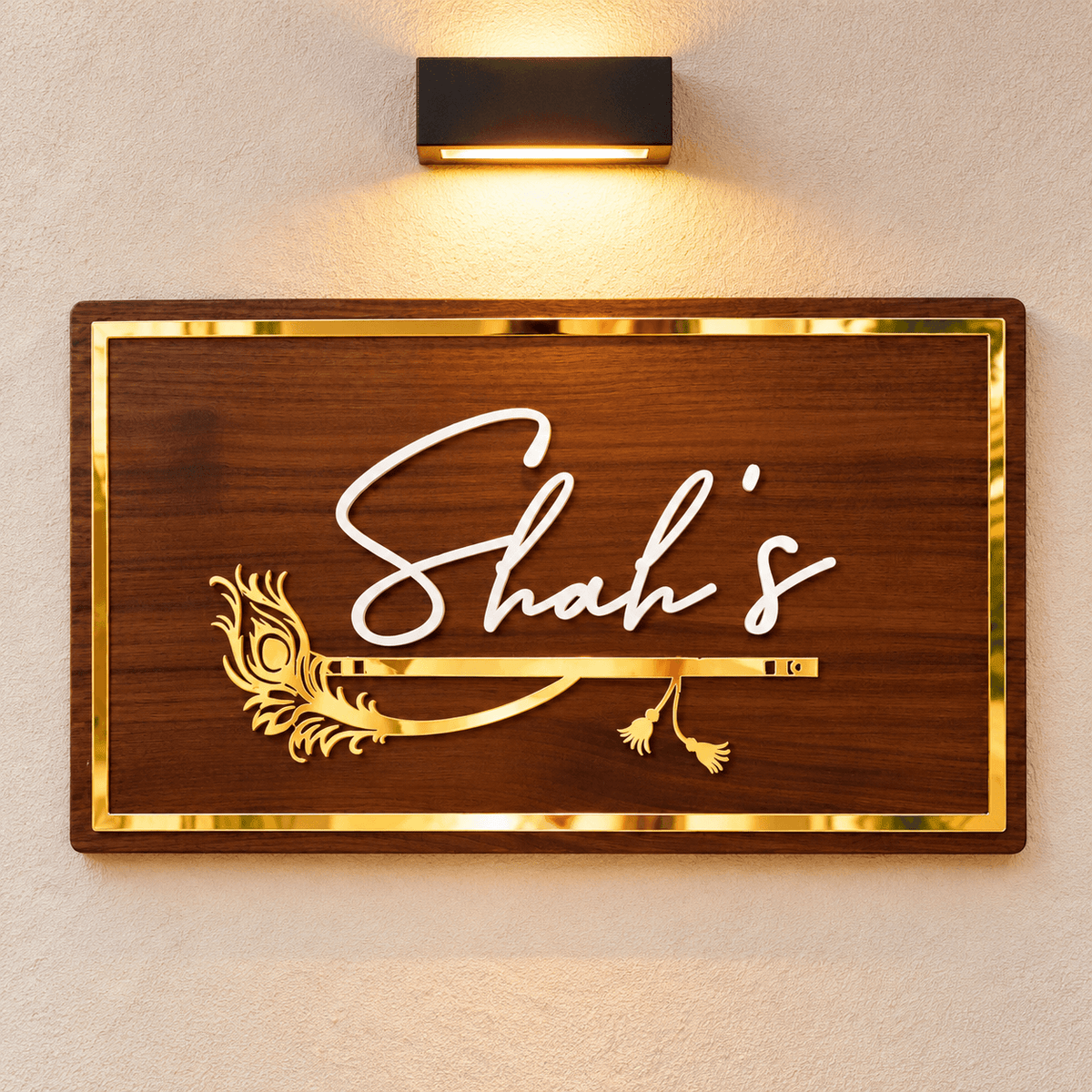 Personalized Wooden Name Plate with Gold Acrylic Design | Custom Family Name Plate for Home Entrance