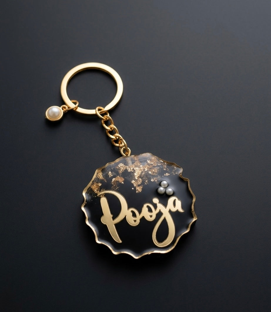 Customized Resin Name Keychain – Black & Gold Premium Personalized Keyring
