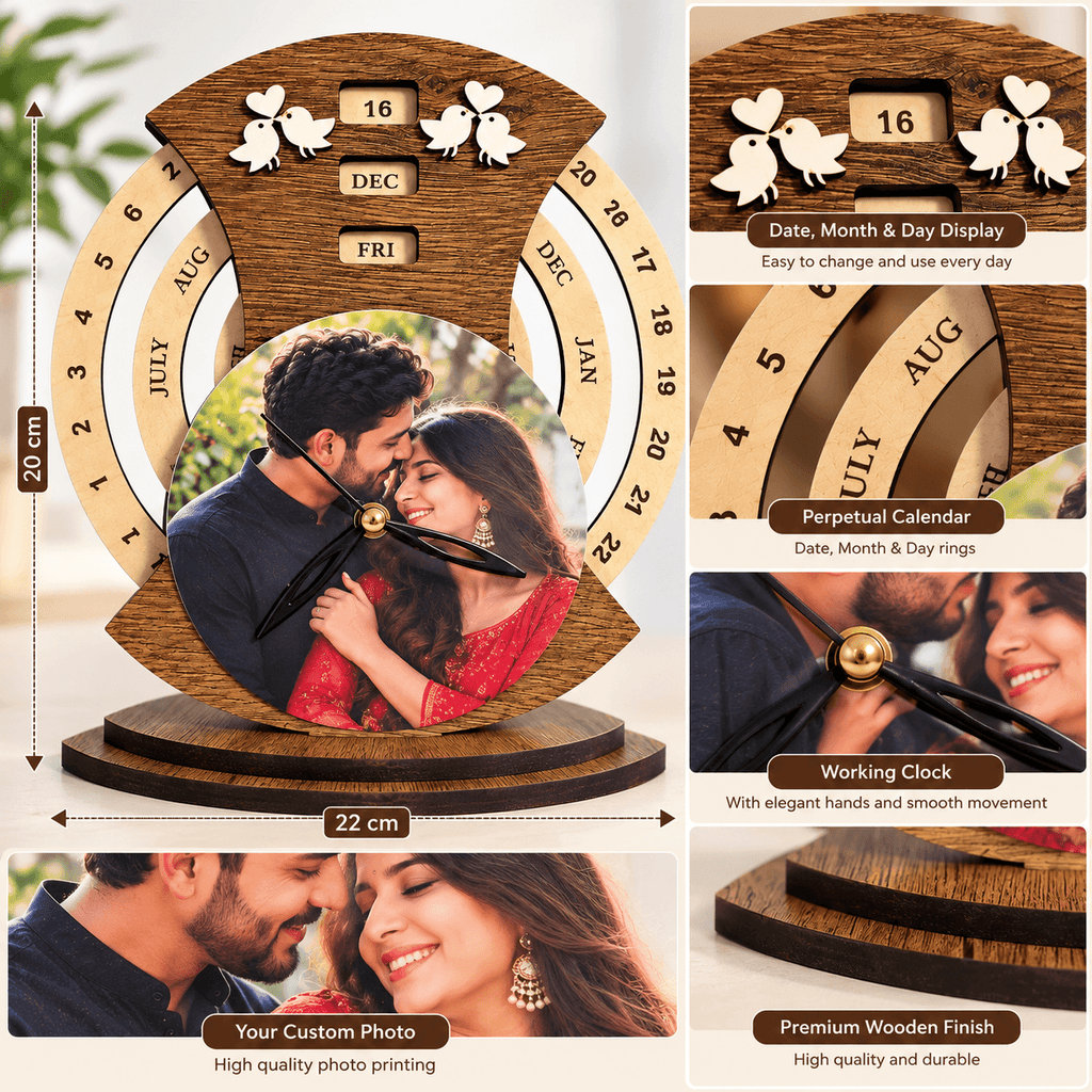Personalized Wooden Photo Clock & Perpetual Calendar