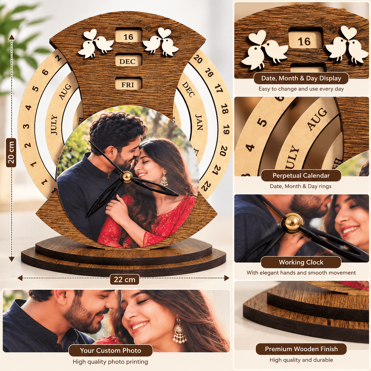 Personalized Wooden Photo Clock & Perpetual Calendar