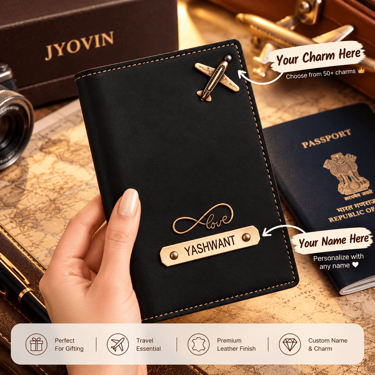 Personalized Leather Passport Cover with Name & Charms | Travel Gift