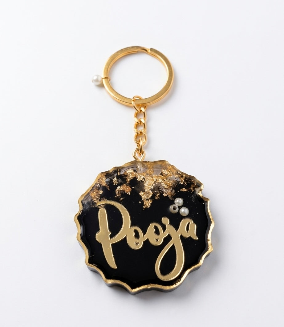 Customized Resin Name Keychain – Black & Gold Premium Personalized Keyring