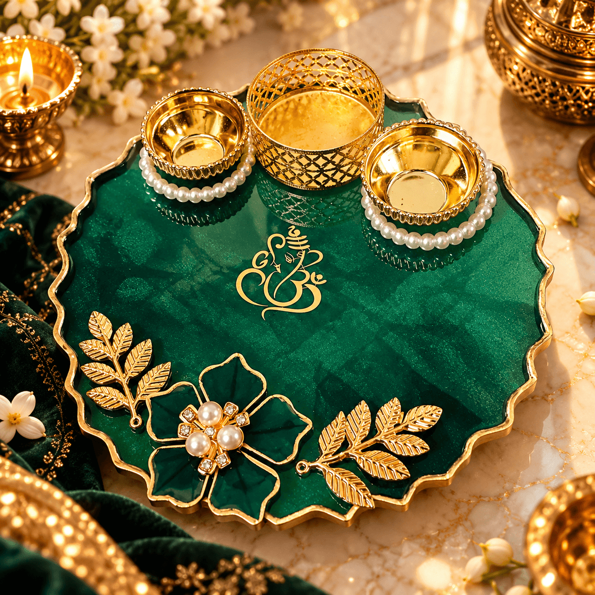 Handcrafted Resin Pooja Thali with Gold Accents & Pearl Flower