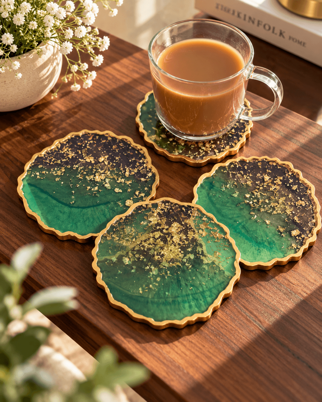 Handcrafted Resin Coaster Set of 4 with Gold Foil | Premium Table Decor