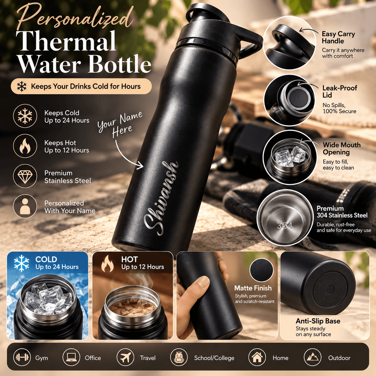 Personalized Black Stainless Steel Water Bottle | Custom Name Engraved