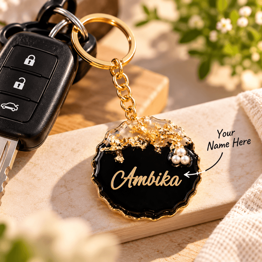 Customized Resin Name Keychain – Black & Gold Premium Personalized Keyring