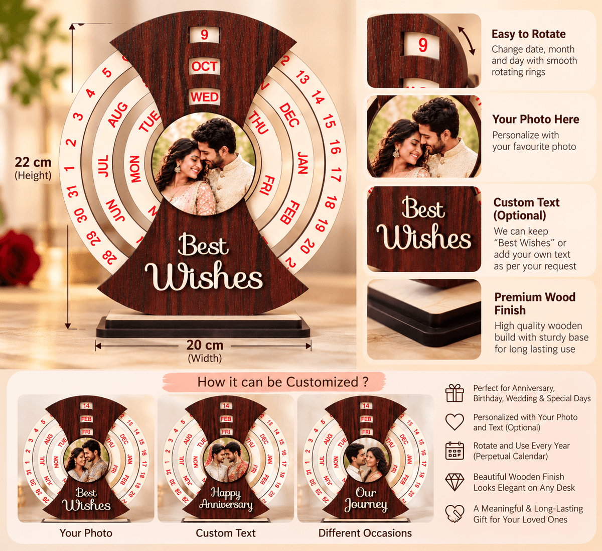 Personalized Wooden Rotating Calendar with Photo | Custom Couple Gift