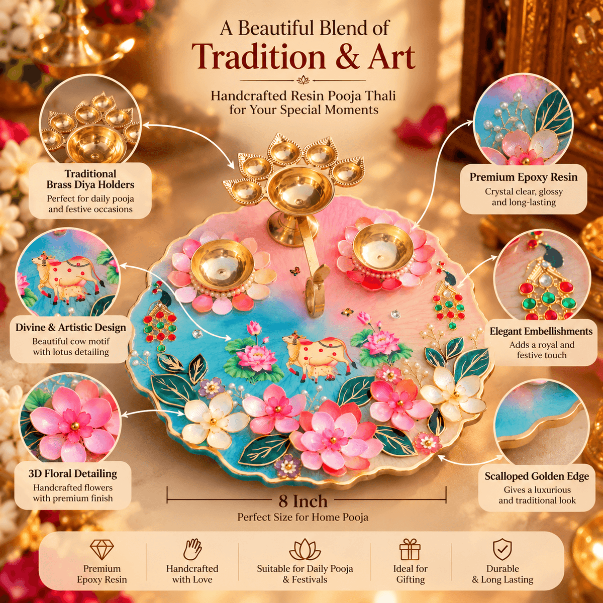 Resin Pooja Thali with Brass Diya Holders | Floral Epoxy Resin Pooja Plate