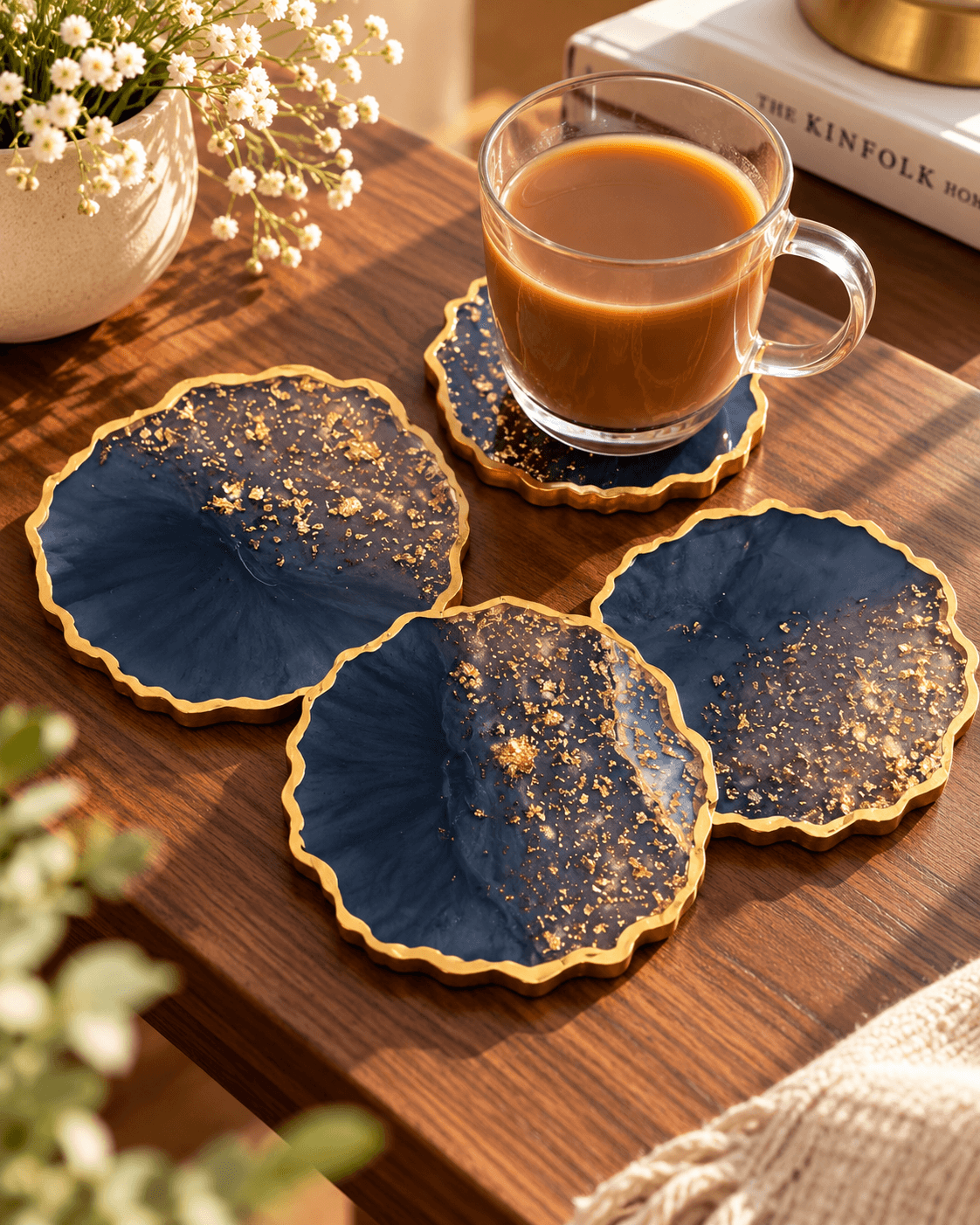 Handcrafted Resin Coaster Set of 4 with Gold Foil | Premium Table Decor