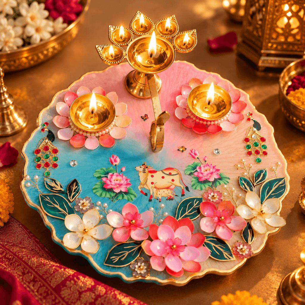 Resin Pooja Thali with Brass Diya Holders | Floral Epoxy Resin Pooja Plate