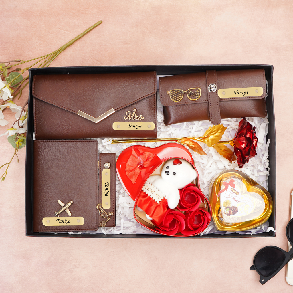 Romantic 7-in-1 Gift Box for Girlfriend / Wife On Birthday and Anniversary – Personalised Clutch, Passport Cover & Cute Teddy with Chocolates & Rose