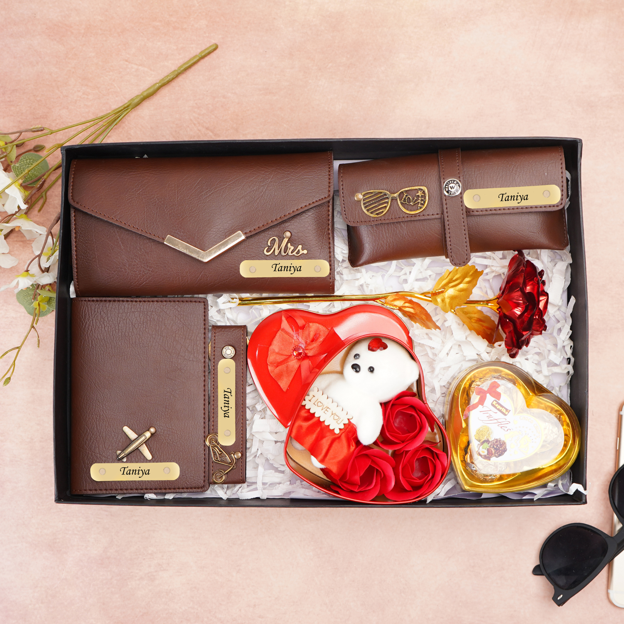 Romantic 7-in-1 Gift Box for Girlfriend / Wife On Birthday and Anniversary – Personalised Clutch, Passport Cover & Cute Teddy with Chocolates & Rose