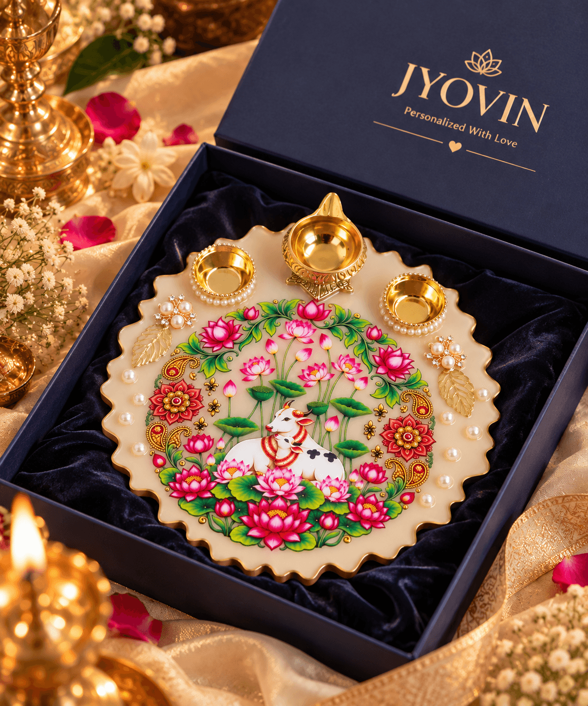 8 Inch Resin Pooja Thali with Lotus Design & Gold Diya Holders