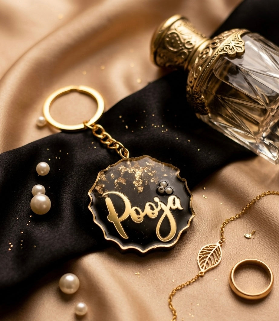 Customized Resin Name Keychain – Black & Gold Premium Personalized Keyring