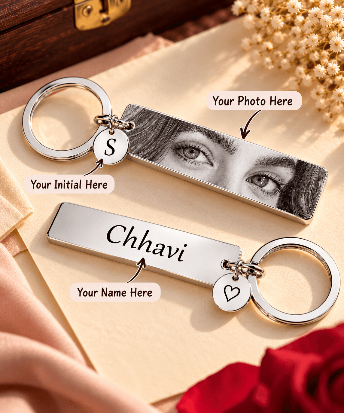 Personalized Eye Photo Keychain with Name & Initial Charm | Silver Metal Gift