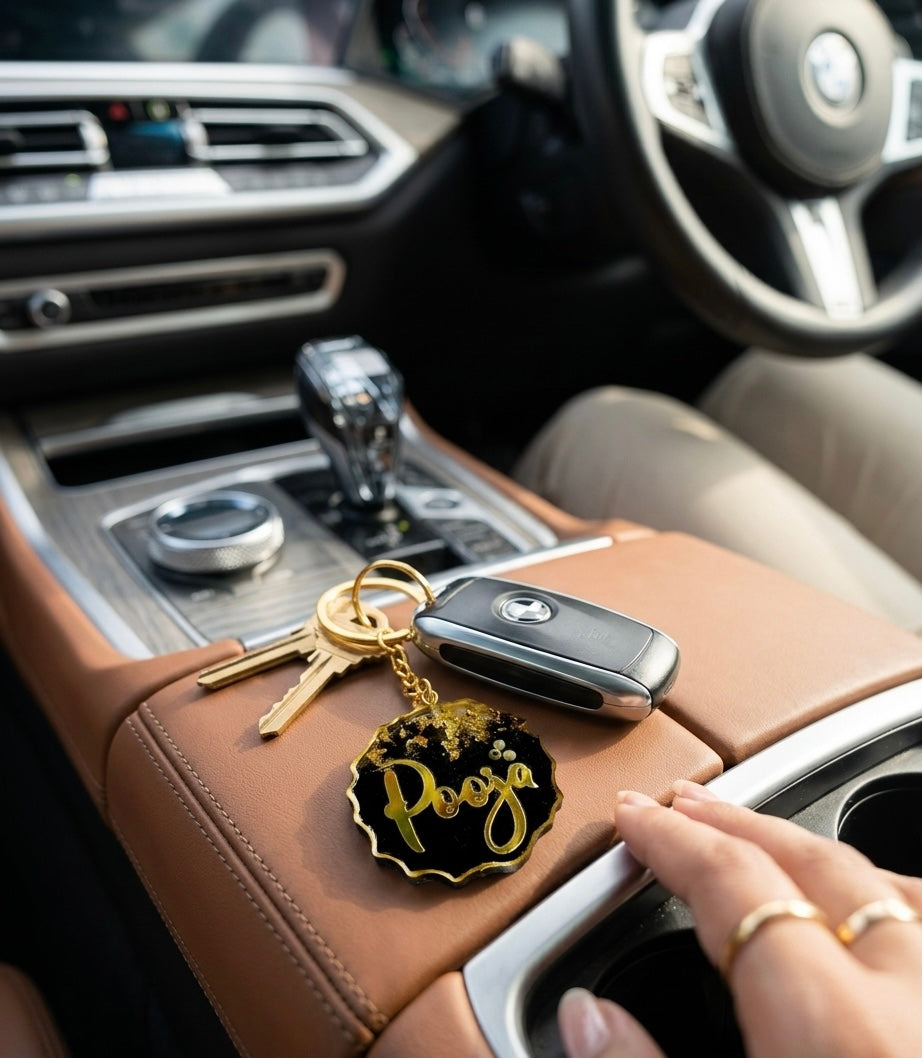 Customized Resin Name Keychain – Black & Gold Premium Personalized Keyring