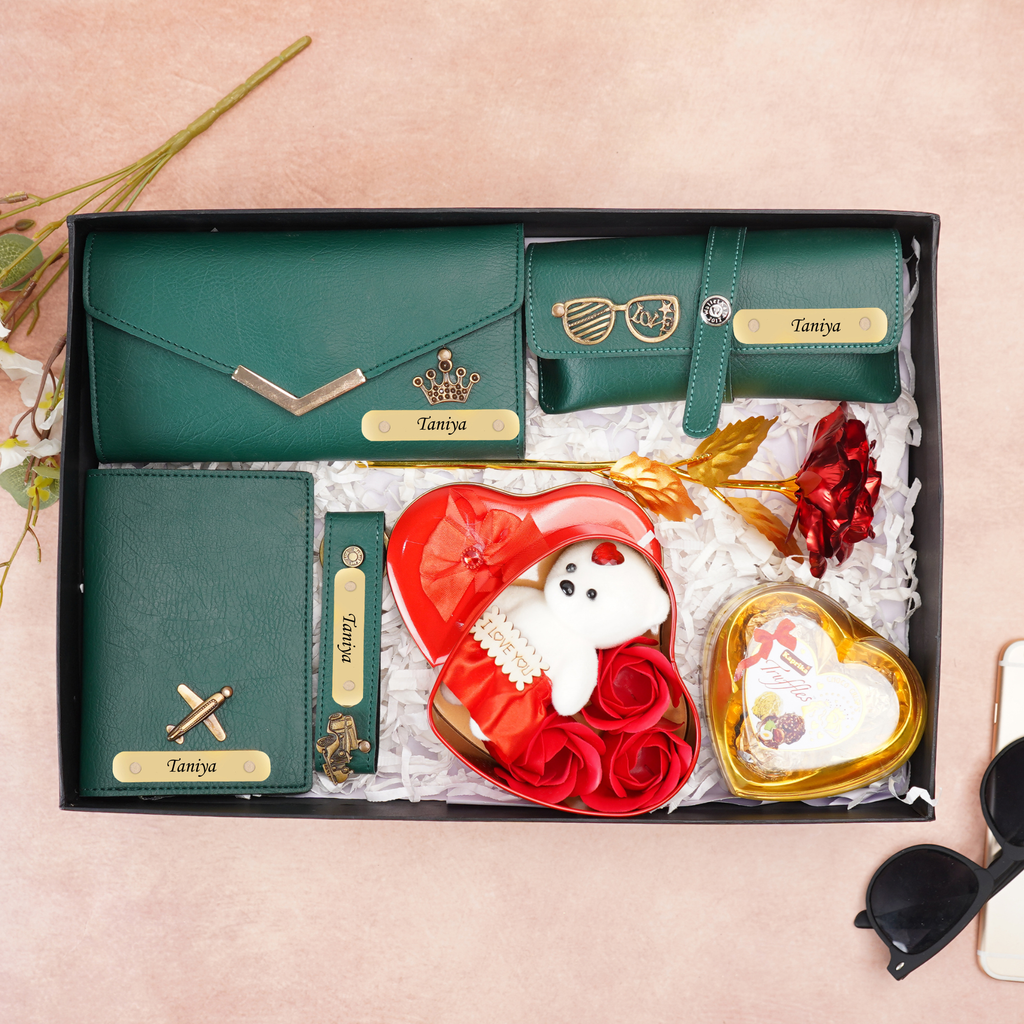 Romantic 7-in-1 Gift Box for Girlfriend / Wife On Birthday and Anniversary – Personalised Clutch, Passport Cover & Cute Teddy with Chocolates & Rose