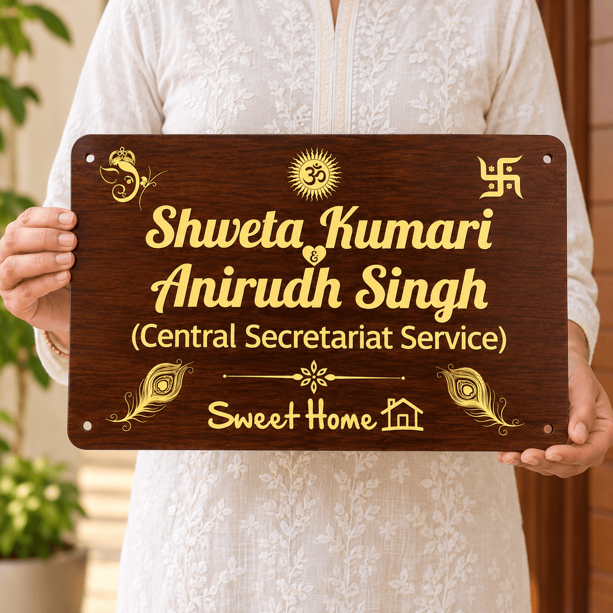 Personalized Wooden Name Plate with Golden Lettering | Custom Home Nameplate