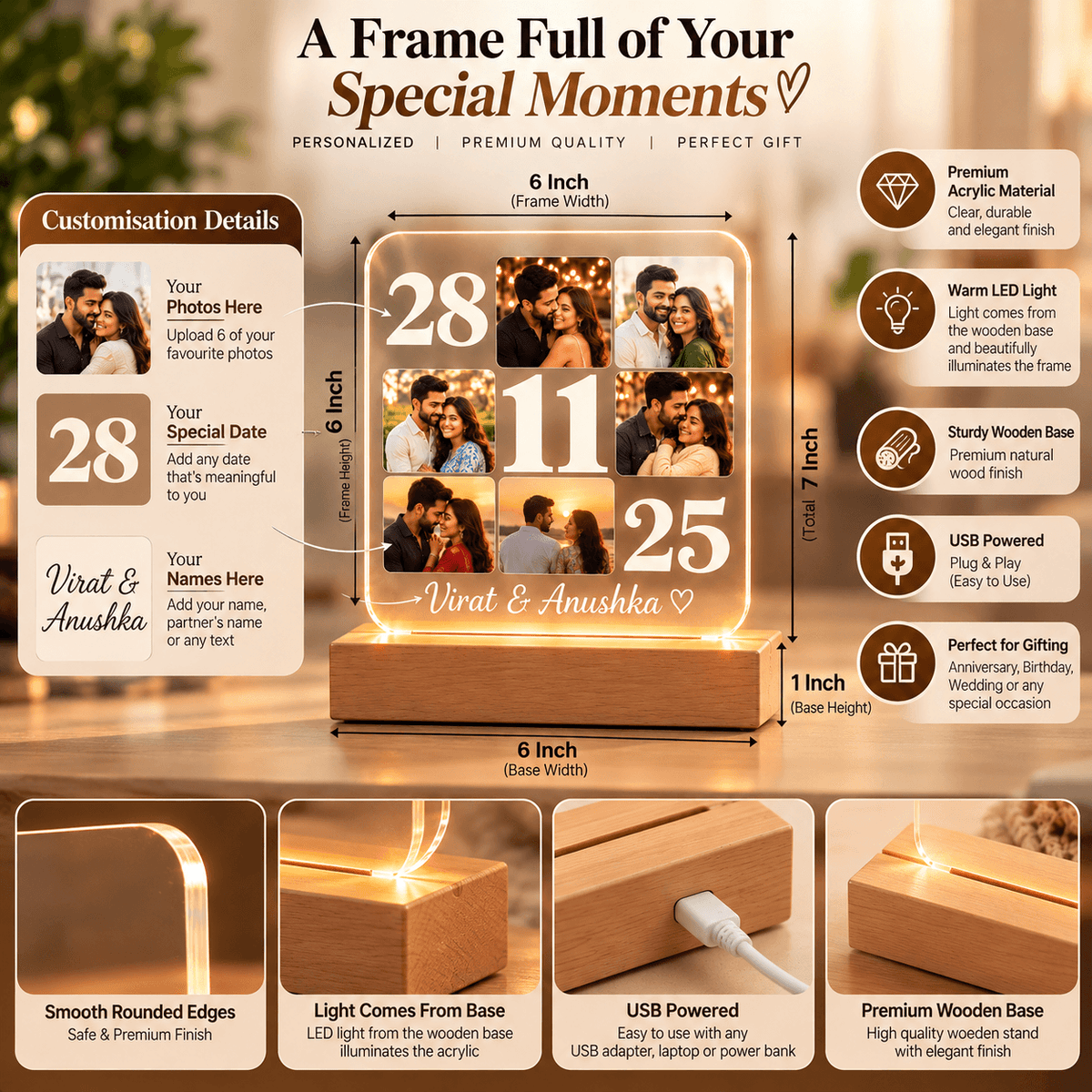 Personalized LED Base Acrylic Photo Frame with Wooden Stand