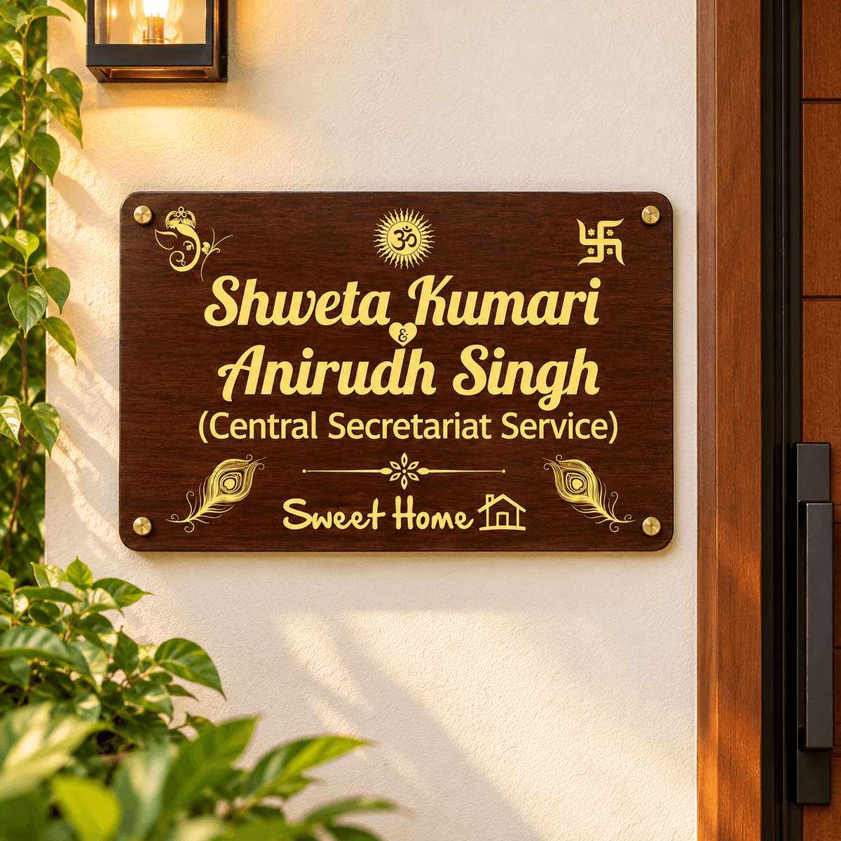 Personalized Wooden Name Plate with Golden Lettering | Custom Home Nameplate
