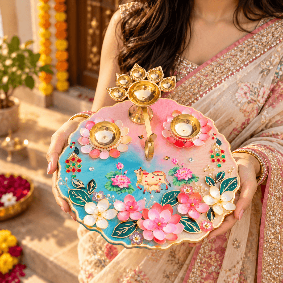 Resin Pooja Thali with Brass Diya Holders | Floral Epoxy Resin Pooja Plate