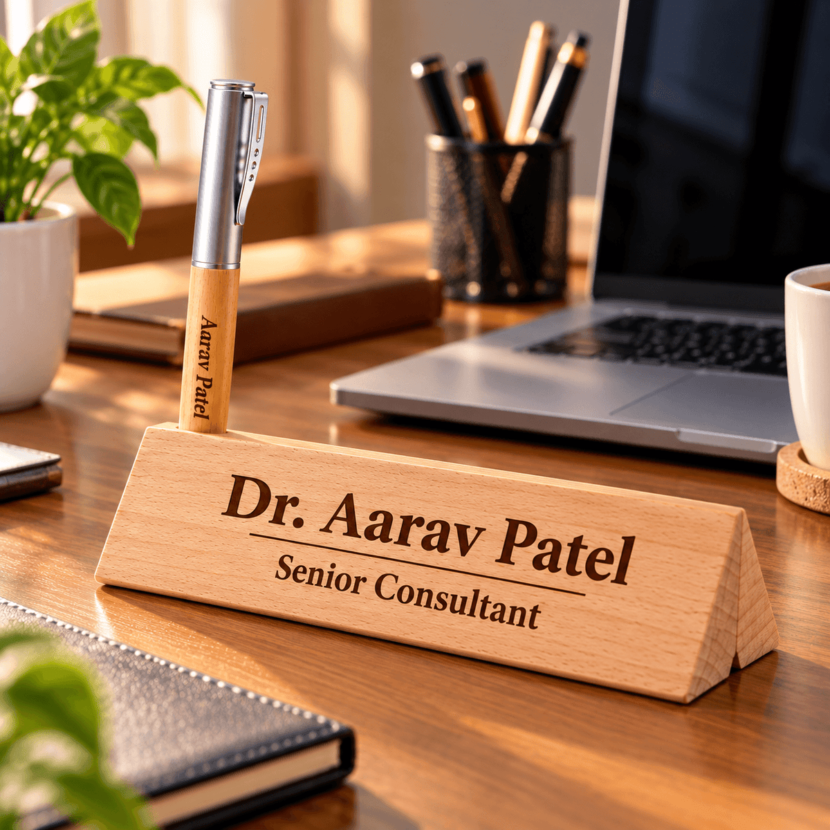 Personalized Wooden Name Plate with Engraved Pen | Custom Office Desk Nameplate