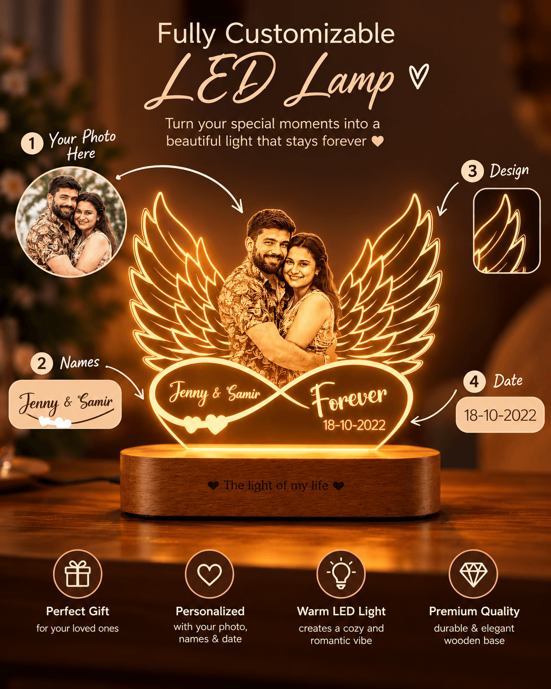 Personalized LED Photo Lamp with Custom Name & Date | Couple Gift