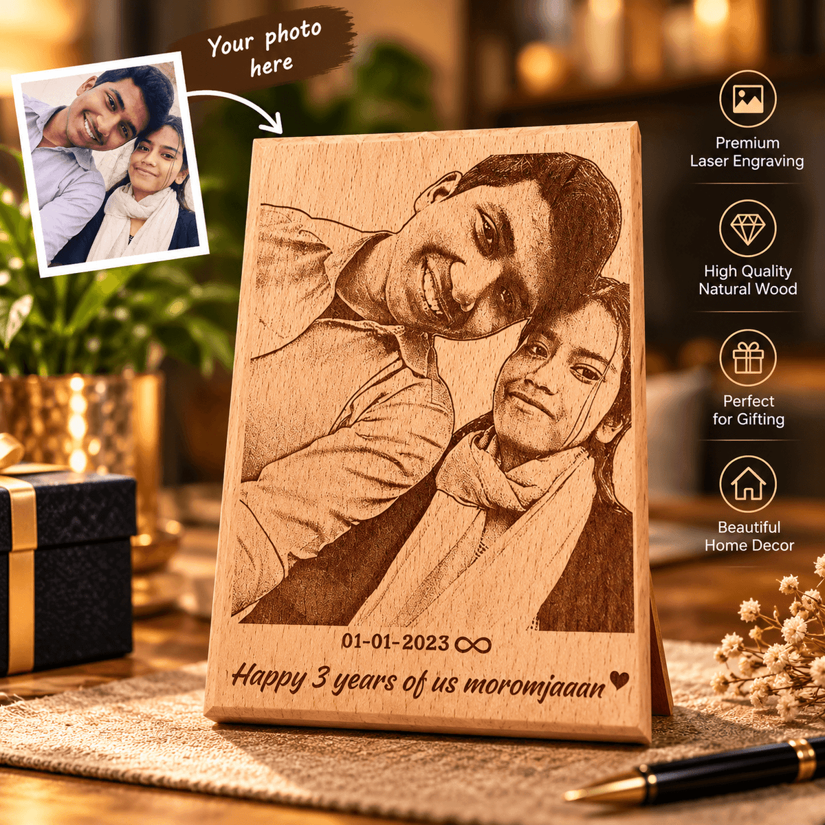 Custom Wooden Photo Engraving Frame – Premium Gift