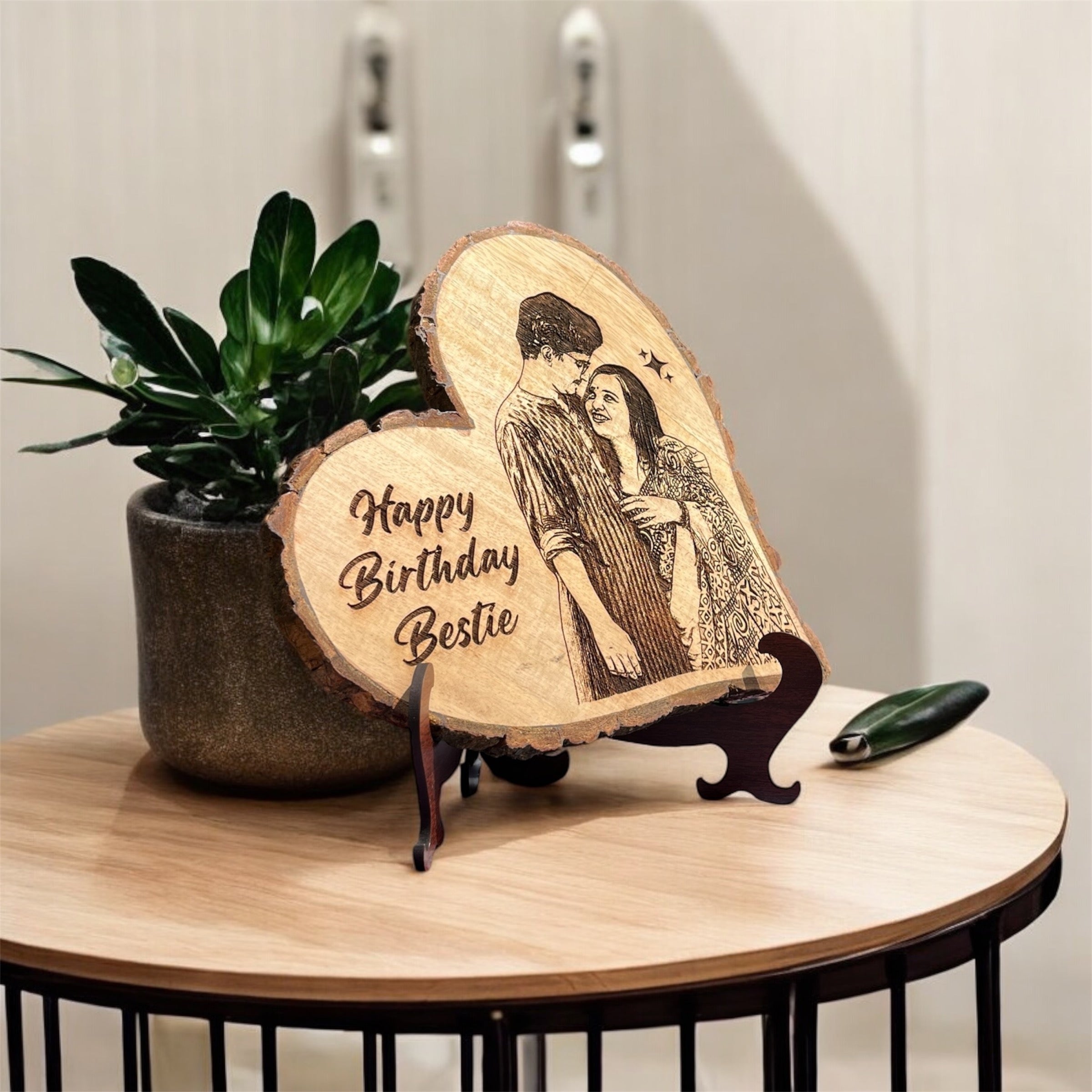Personalized Wooden Photo Frame with Stand – Custom Engraved Couple Portrait Gift