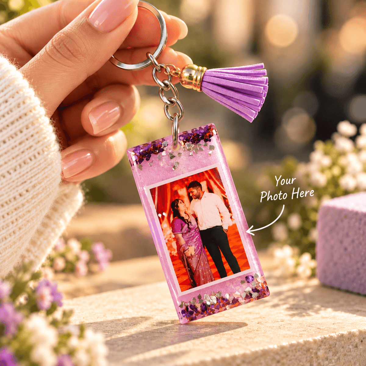 Personalized Resin Photo Keychain with Tassel | Custom Picture Keyring Gift