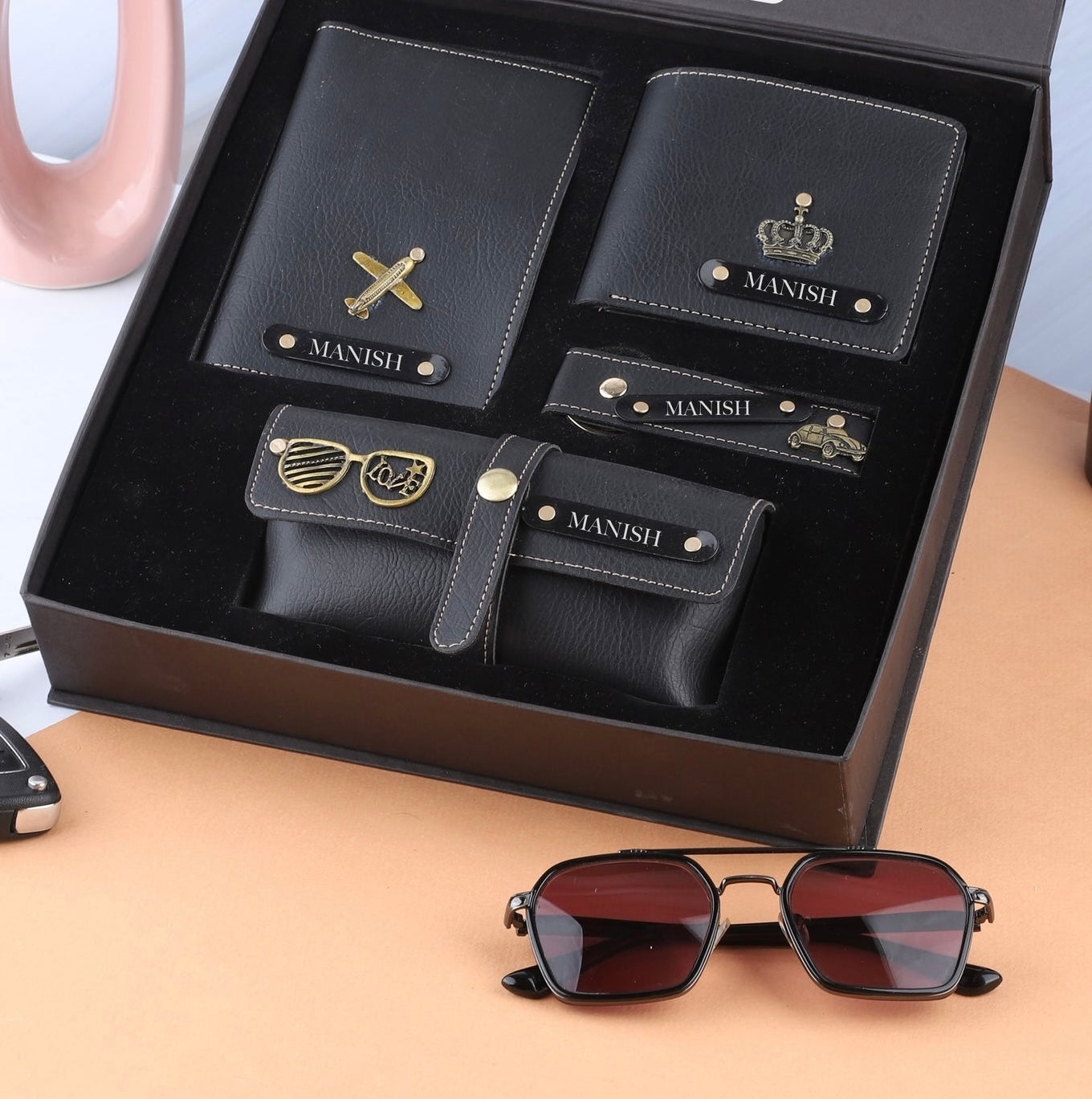 Personalized Leather Gift Combo for Men – Wallet, Eyewear, Passport & Keychain