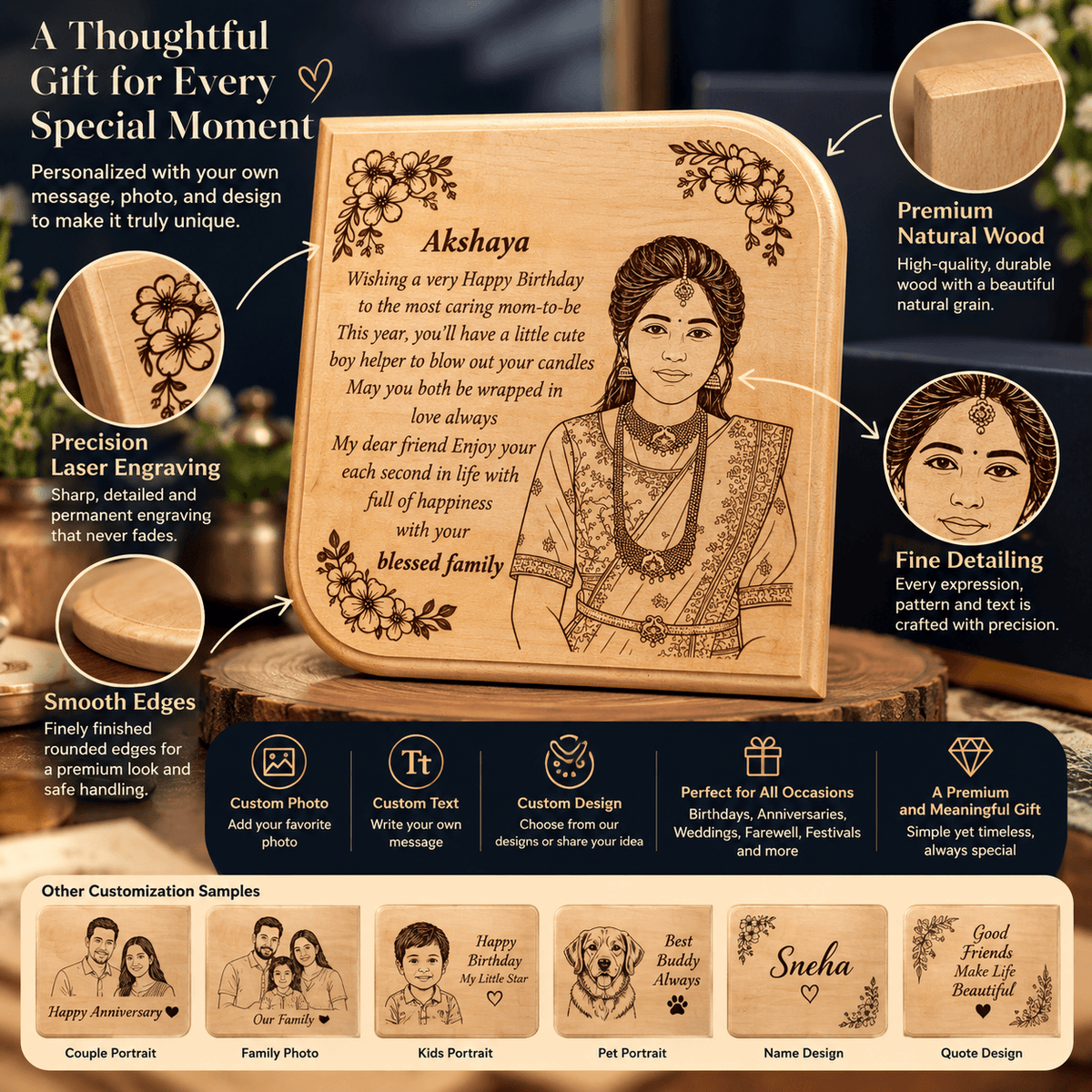 Personalized Wooden Engraved Plaque | Custom Photo & Message Gift