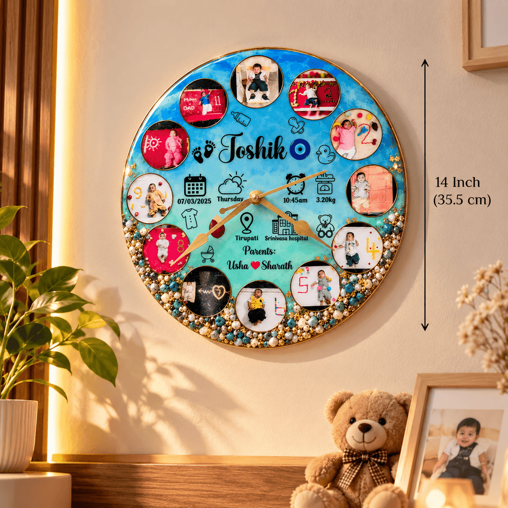 Personalized Baby Milestone Resin Wall Clock with Photos, Name & Birth Details | Jyovin