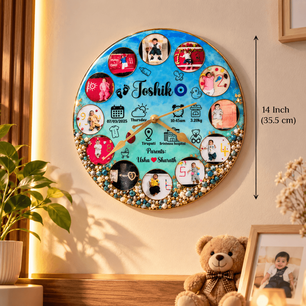 Personalized Baby Milestone Resin Wall Clock with Photos, Name & Birth Details | Jyovin