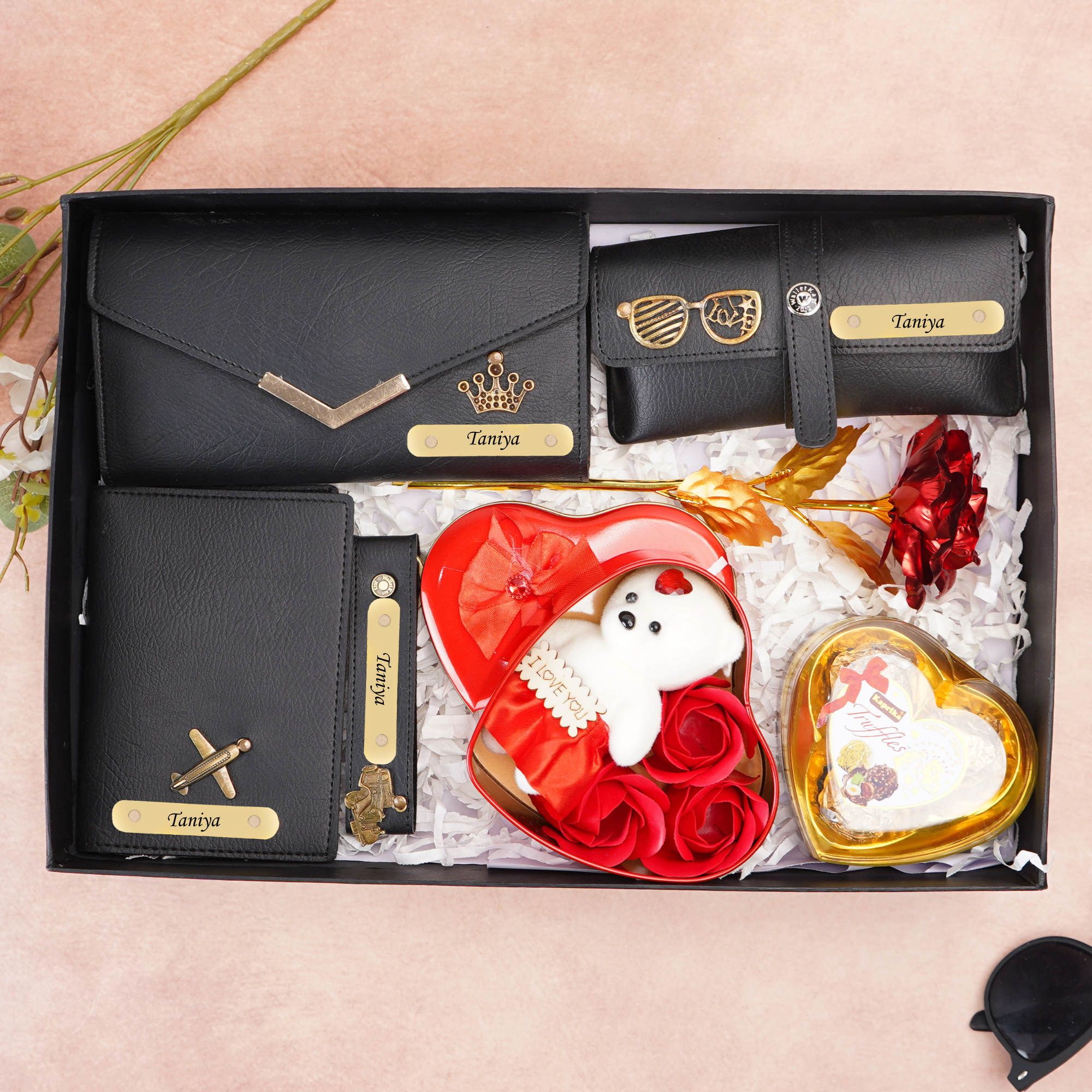 Romantic 7-in-1 Gift Box for Girlfriend / Wife On Birthday and Anniversary – Personalised Clutch, Passport Cover & Cute Teddy with Chocolates & Rose