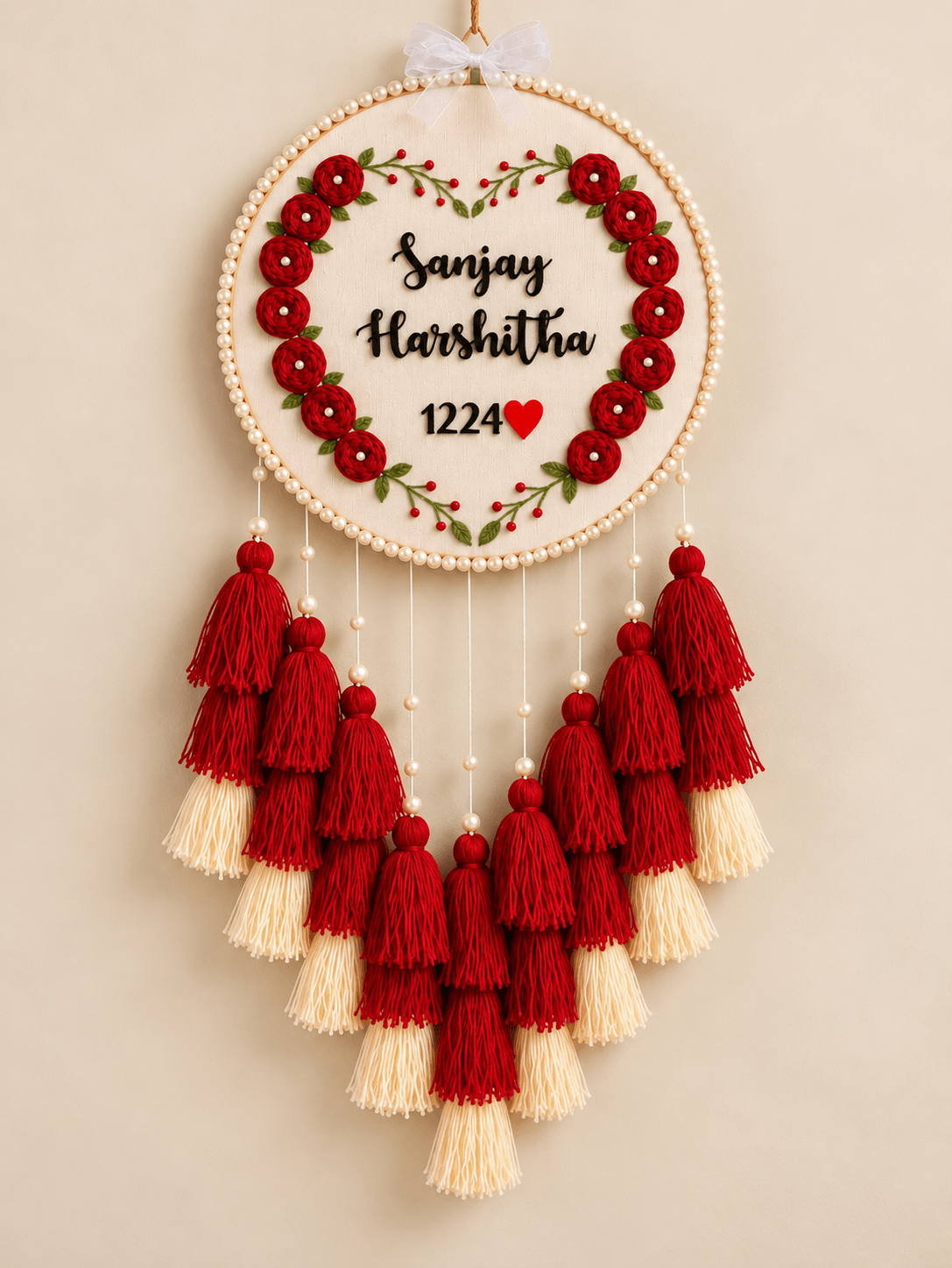 Personalized Floral Embroidery Couple Name Wall Hanging with Tassels
