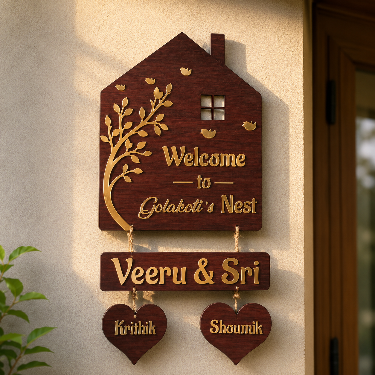 Personalized Wooden Hanging House Name Plate with Family Name & Kids Name Hearts