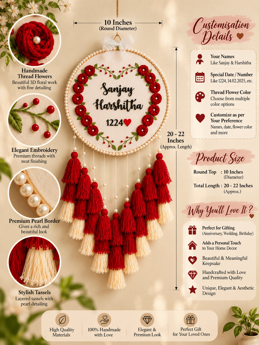 Personalized Floral Embroidery Couple Name Wall Hanging with Tassels