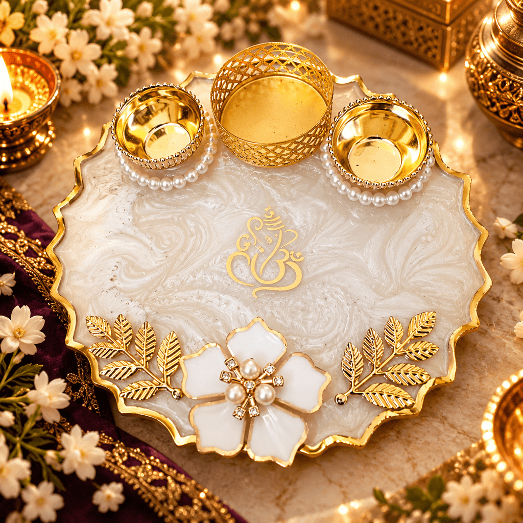 Handcrafted Resin Pooja Thali with Gold Accents & Pearl Flower