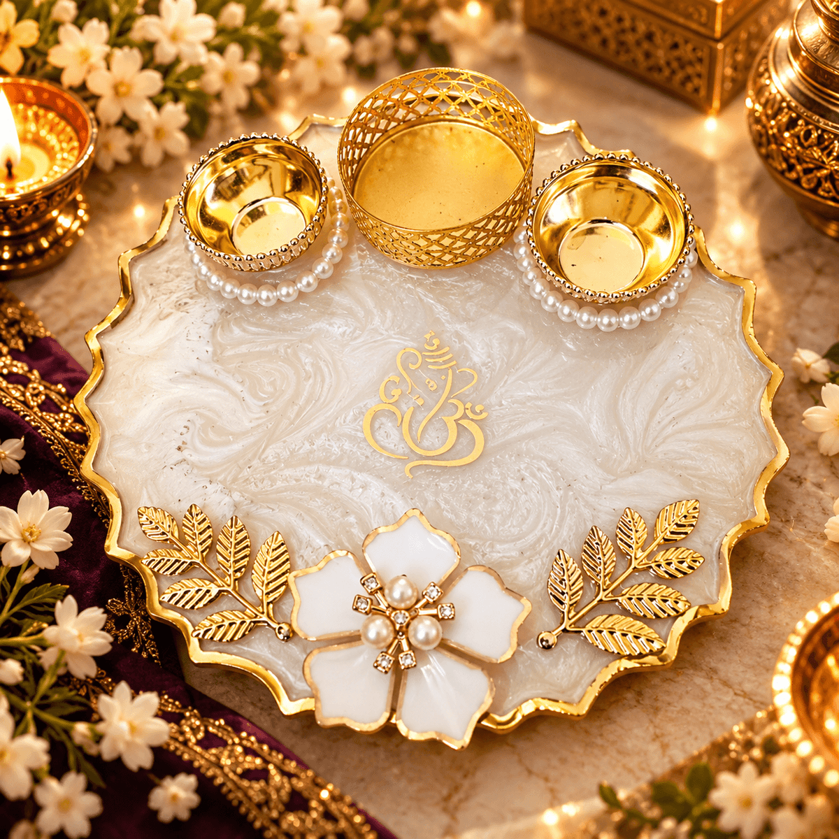 Handcrafted Resin Pooja Thali with Gold Accents & Pearl Flower