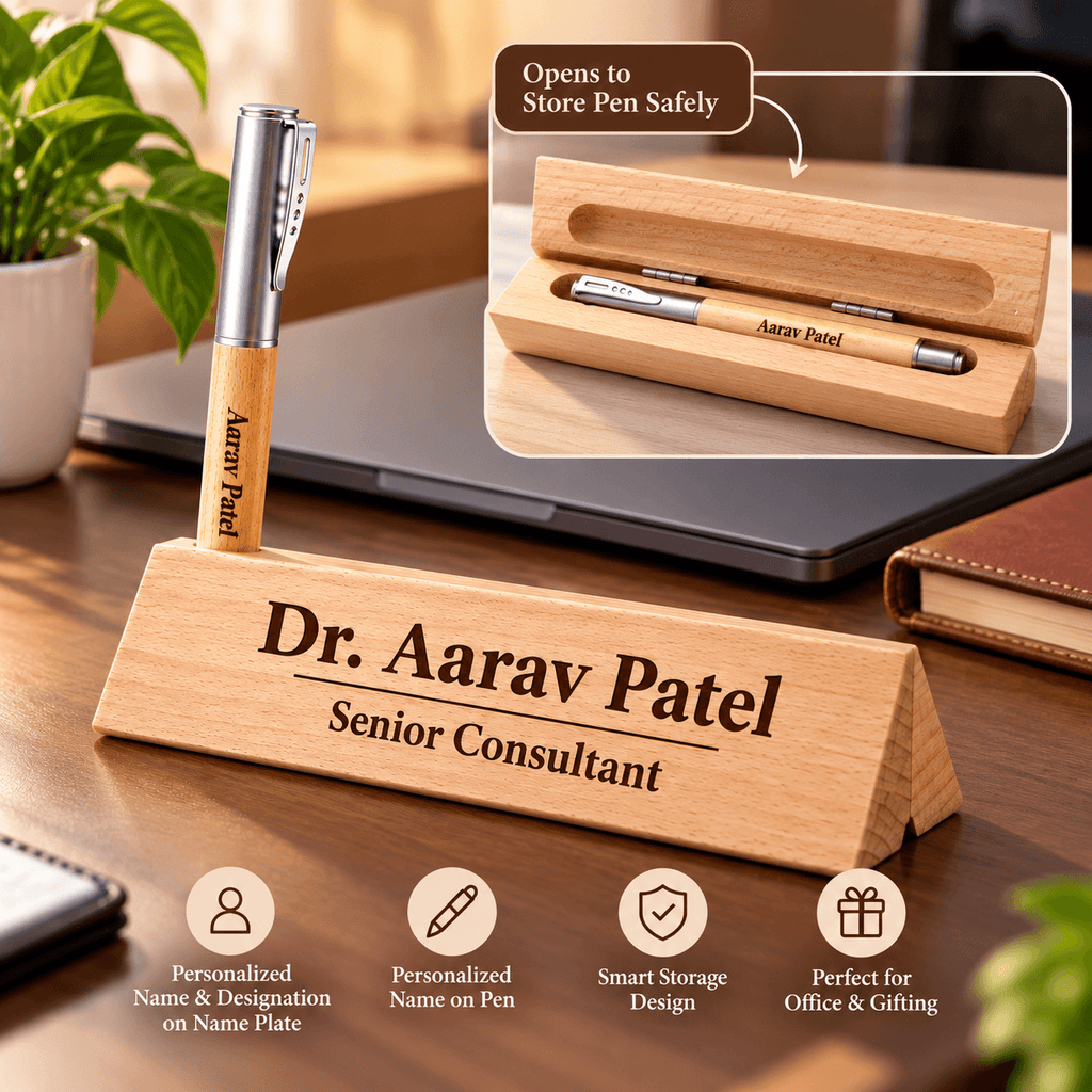 Personalized Wooden Name Plate with Engraved Pen | Custom Office Desk Nameplate