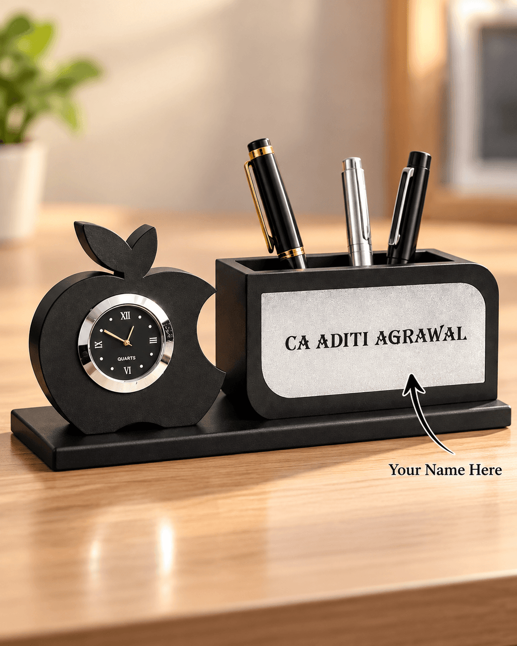 Personalized Wooden Desk Name Plate with Clock & Pen Stand