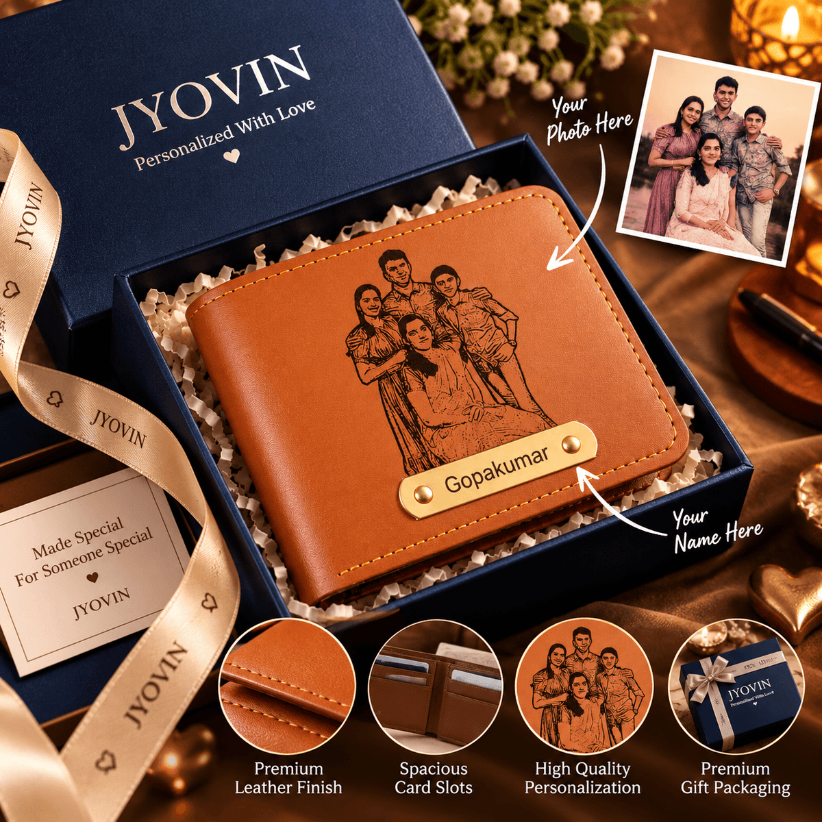 Personalized Engraved Leather Wallet with Name Plate – Custom Photo Illustration